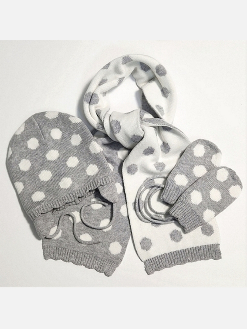 Jacadi Grey/White Polkadot Hat (6M), Scarf (TU), & Mitten (T1) Set ~ EUC